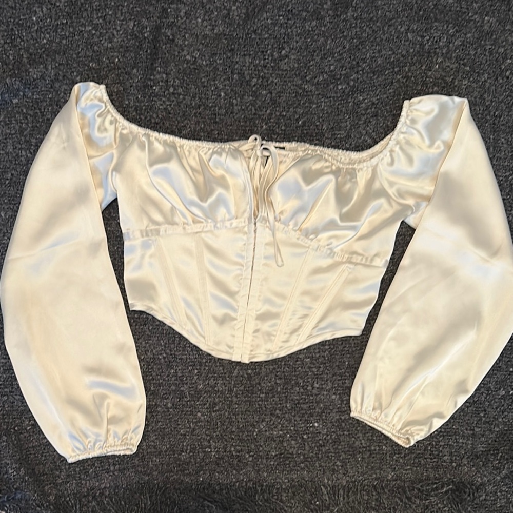 Forever 21 | Satin Cream Off-Shoulder Puffy Sleeved Corset-Styled  Blouse